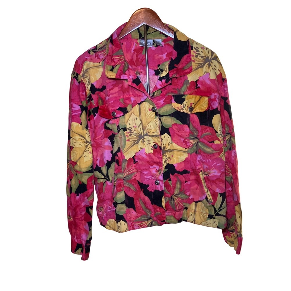 Chico's Floral Linen Blend Jacket Womens Size 2 Pink Yellow Tropical Button Up
